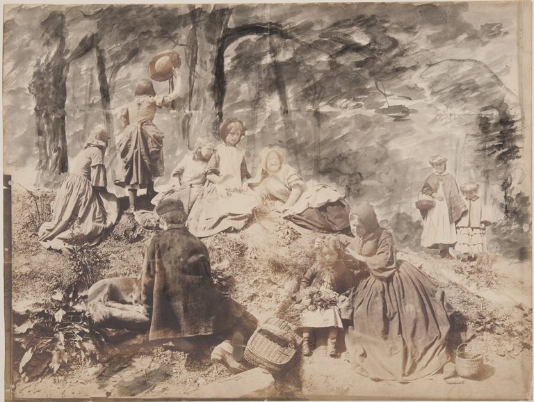 Henry Peach Robinson, Study for "A Holiday in the Wood," salted paper print with applied graphite and watercolor, May 1860.