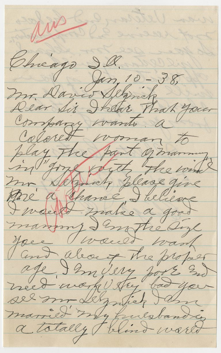Alberta Carter of Chicago, Illinois, writes in January 1938 to "Gone With The Wind" producer David O. Selznick, asking him to consider her for the role of Mammy in the film.