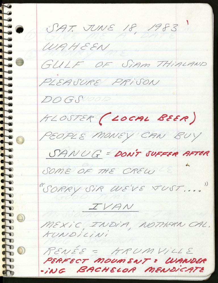 Page from Spalding Gray's performance notebook for 'Swimming to Cambodia.'