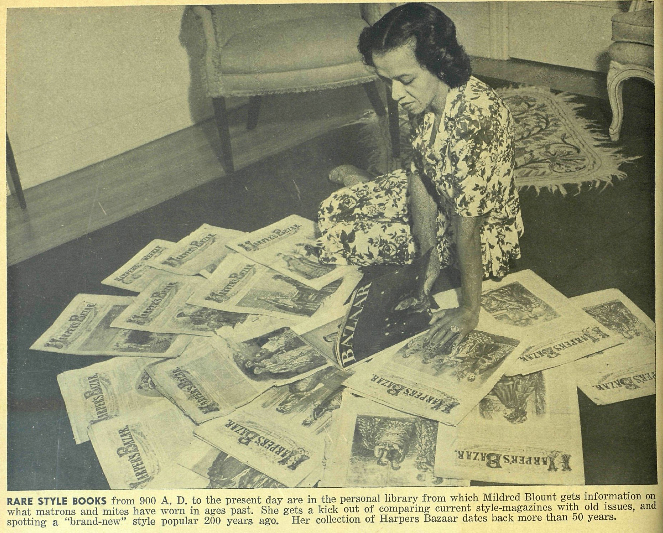 Mildred Blount with her collection of "Harper's Bazaar" magazines, from “Mildred Blount Fashions Bonnets to Fit the Face," "Ebony," (April 1946), 20-22.