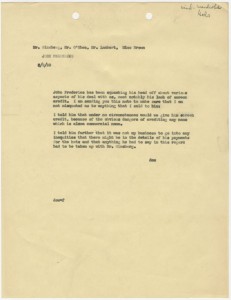 Memo from David O. Selznick concerning Frederics's dissatisfaction with the agreement, dated February 9, 1939.