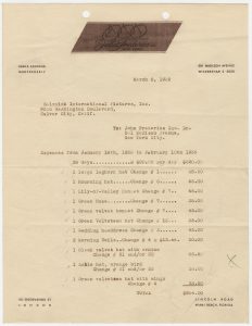 Invoice dated March, 6, 1939 with expenses for twelve hats, which would be one source of dispute between John Frederics, Inc. and SIP. Note John Frederics, Inc. fabric label as letterhead.