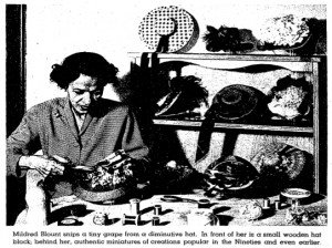 Mildred Blount fashioning miniature hats, from “Bonnet Parade," "Los Angeles Times," (April 9, 1950), H21.