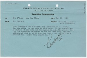 SIP memo concerning Frederics's second trip to Los Angeles, indicating that he will complete the remainder of hats in New York, dated May 13, 1939.