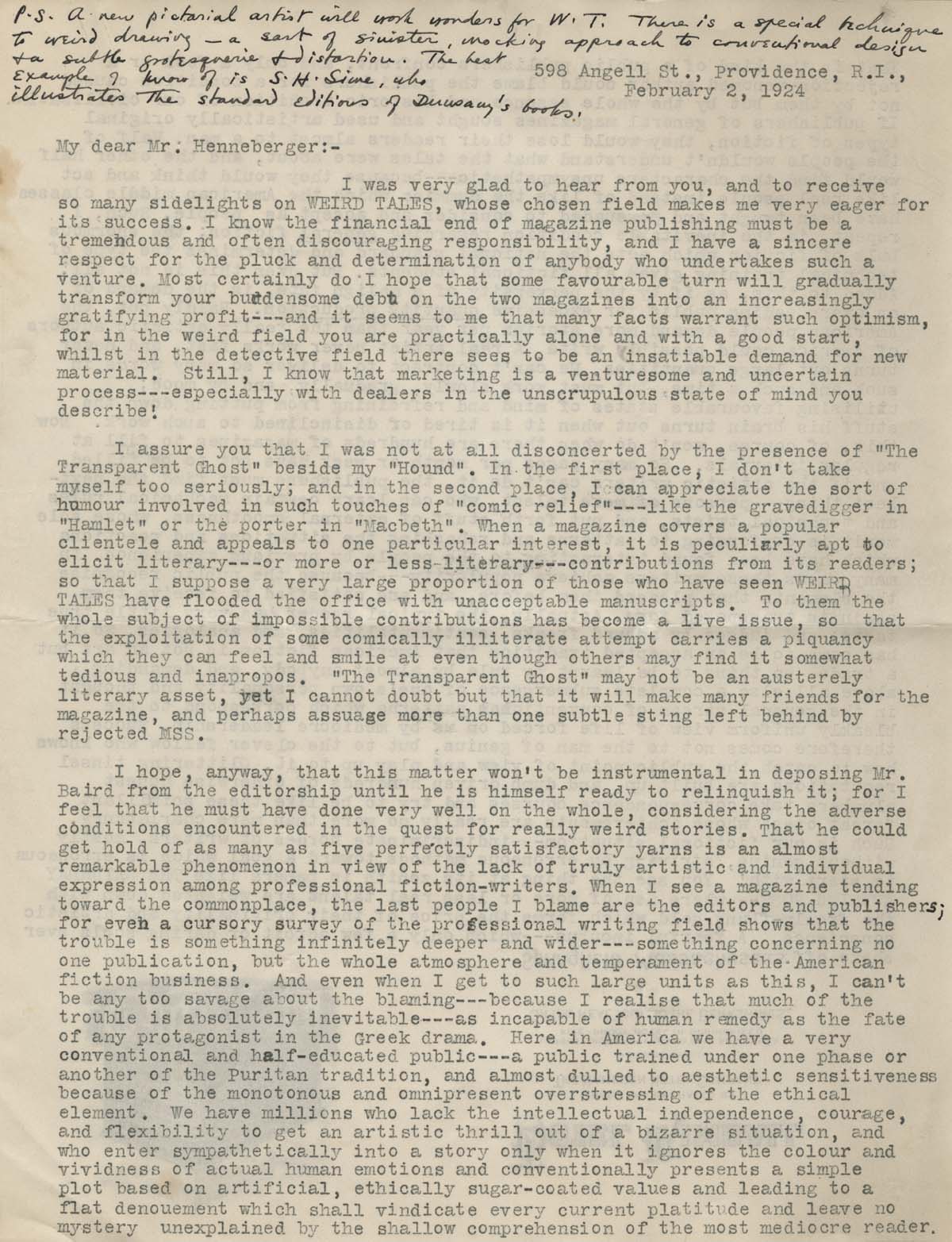 Fellows Find: H. P. Lovecraft letter sheds light on pivotal moment in his career
