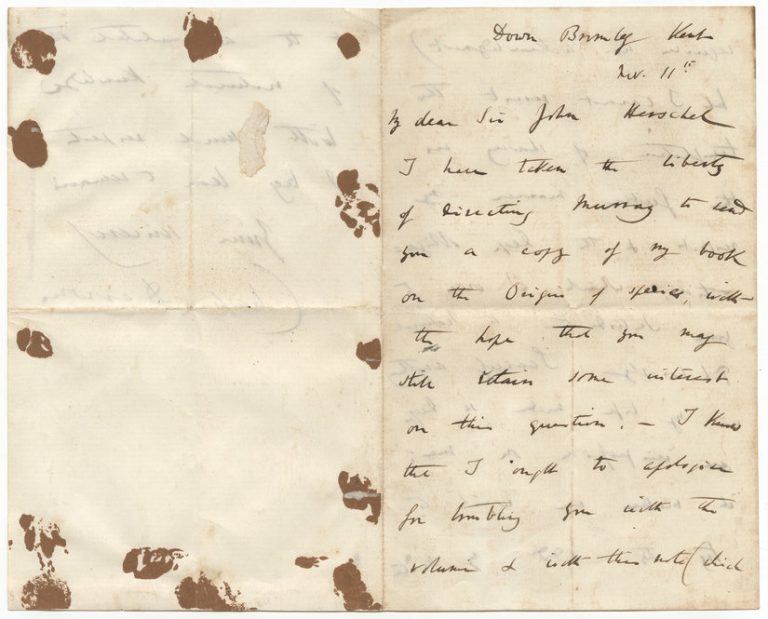 Letter from Charles Darwin to Sir John Herschel, dated November 11, 1859. The letter was tucked inside a signed first edition of Darwin's "Origin of Species."
