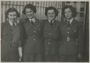 Christine Brooke-Rose in her WAAF uniform before she went to Bletchley Park. She is on the right, shown with three other women.  This photo was taken in the spring of 1941 by an unidentified photographer.