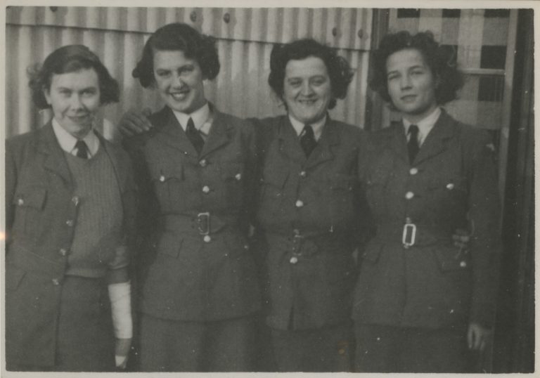 Christine Brooke-Rose in her WAAF uniform before she went to Bletchley Park. She is on the right, shown with three other women.