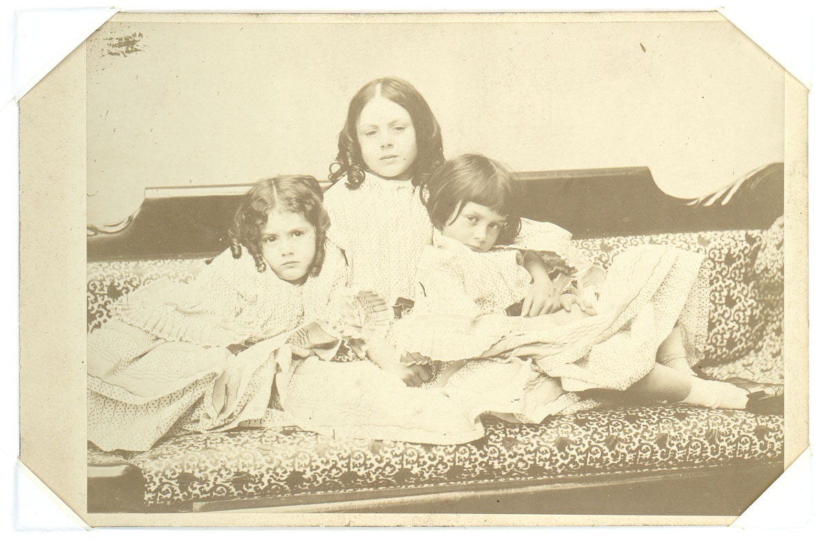Lewis Carroll (Charles Lutwidge Dodgson), [Edith, Lorina, and Alice Liddell], 1858. Albumen print (cabinet card), 4 x 5.5 inches. Gernsheim Collection, Harry Ransom Center.