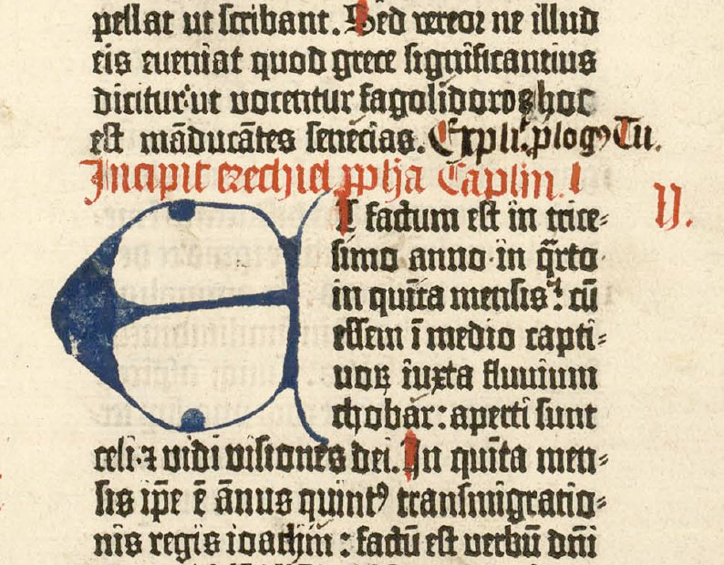 Blue letter E and rubrication at the beginning of Ezekiel; the Gutenberg Bible.