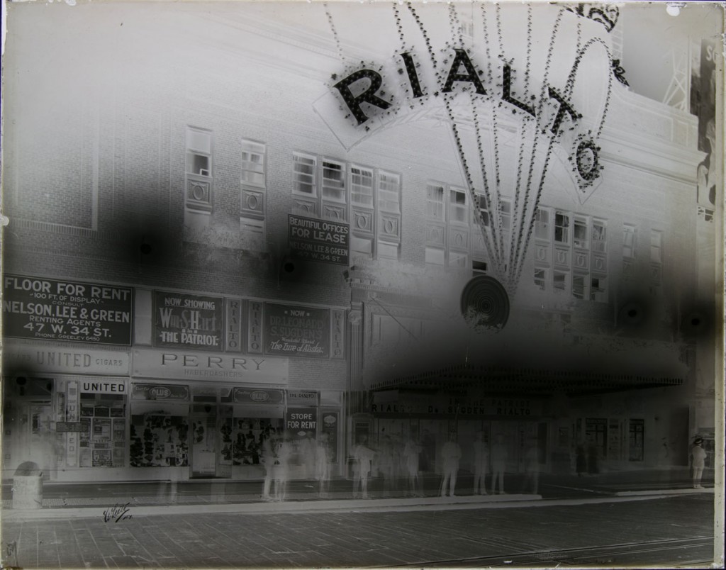 The glass plate negative of the Rialto Theater after treatment, now in one piece.