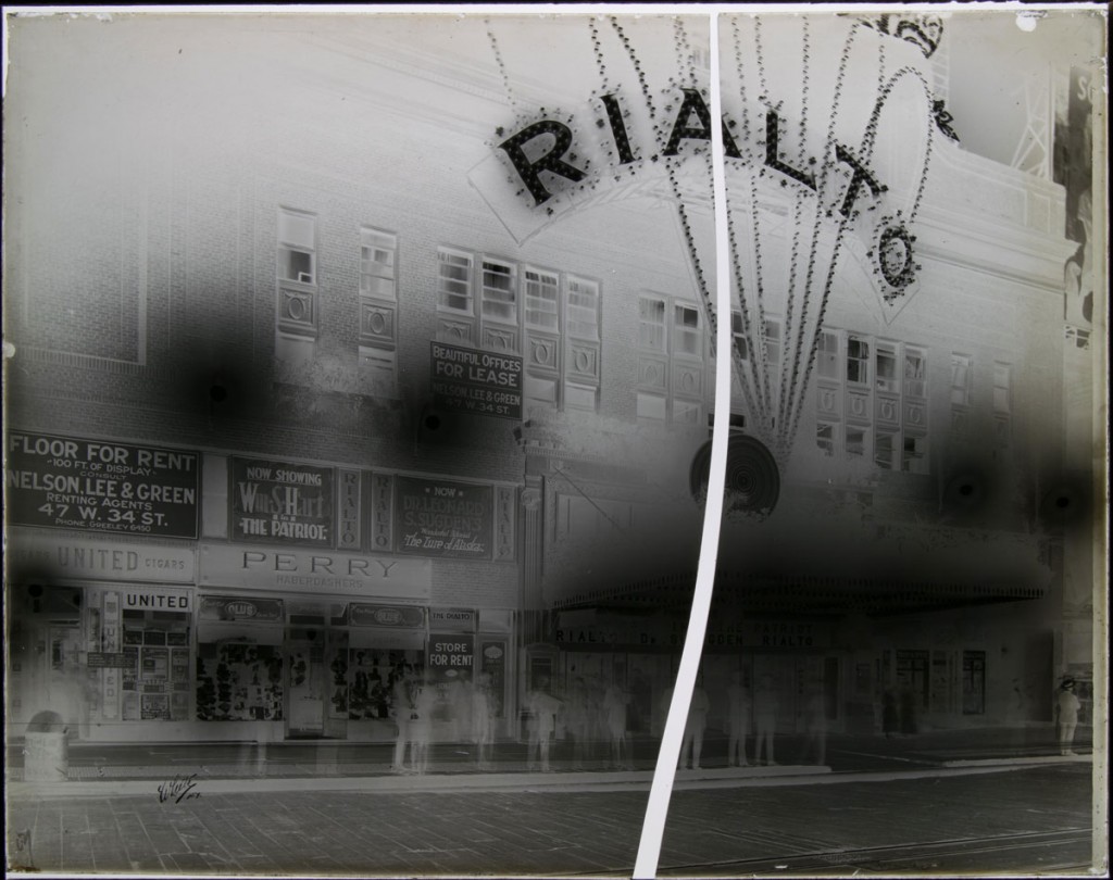 The glass plate negative of the Rialto Theater before treatment, broken into two pieces.