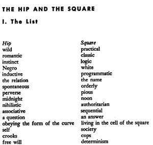 Norman Mailer’s “The Hip and the Square: 1. The List” in Advertisements for Myself (New York: Putnam’s, 1959)
