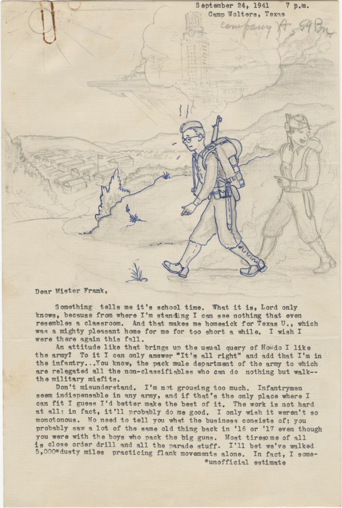 Allen Reid Robertson. Illustrated letter to J. Frank Dobie, September 24, 1941. Letter from former Dobie student then in military training. Note that the “thought bubble” over his head depicts the UT Tower. (p. 1)