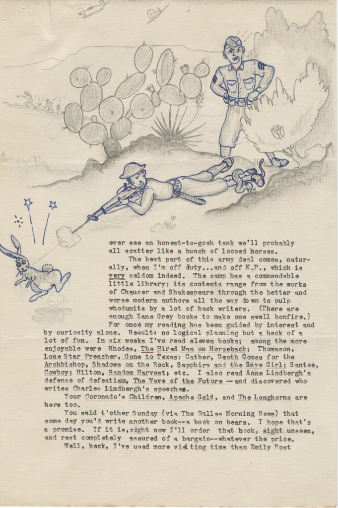 Allen Reid Robertson. Illustrated letter to J. Frank Dobie, September 24, 1941. Letter from former Dobie student then in military training. Note that the “thought bubble” over his head depicts the UT Tower. (p. 3)