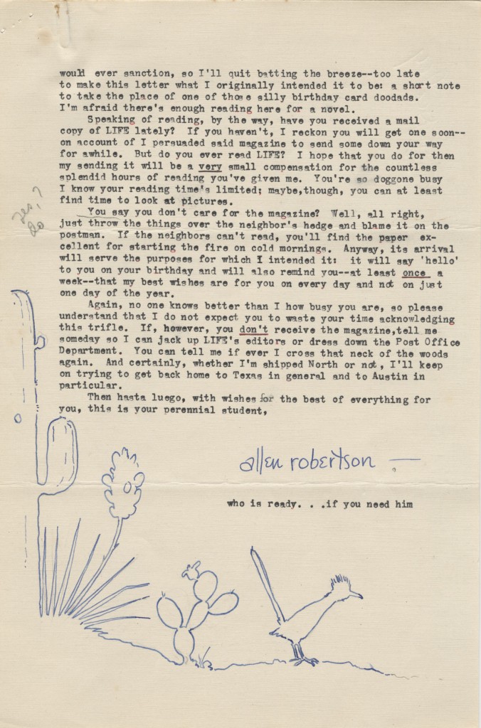 Allen Reid Robertson. Illustrated letter to J. Frank Dobie, September 24, 1941. Letter from former Dobie student then in military training. Note that the “thought bubble” over his head depicts the UT Tower. (p. 4)