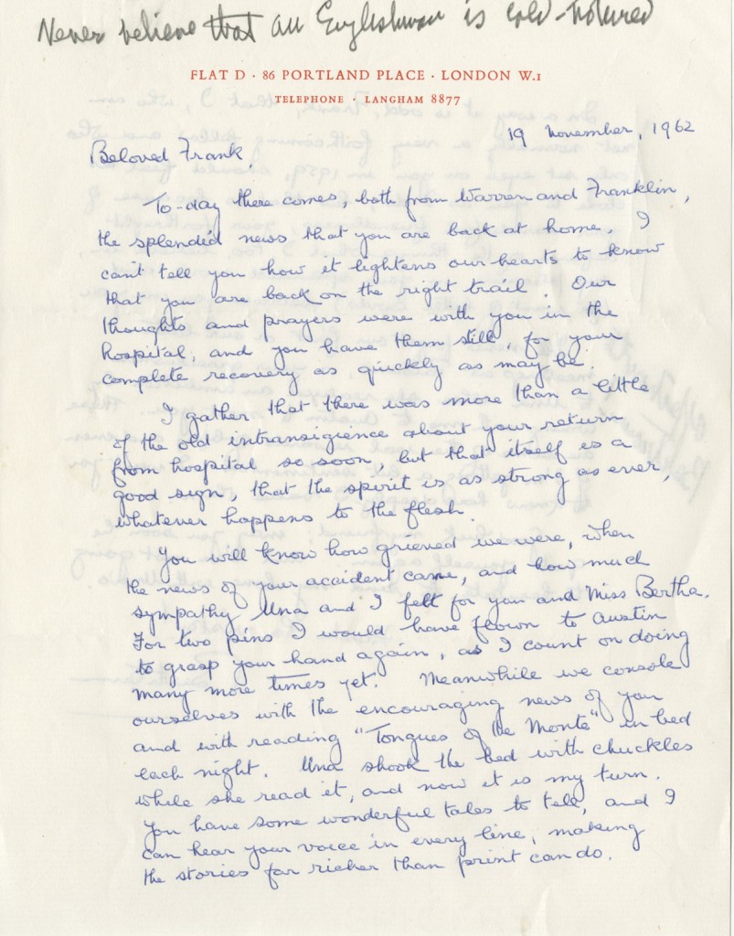 Bertram Rota, 1903-1966. Letter to J. Frank Dobie, November 19, 1962. Written by the famed English bookseller after Dobie was injured in an automobile accident. Dobie’s markup and comments seen on this item are fairly common practice on other letters in his archive.