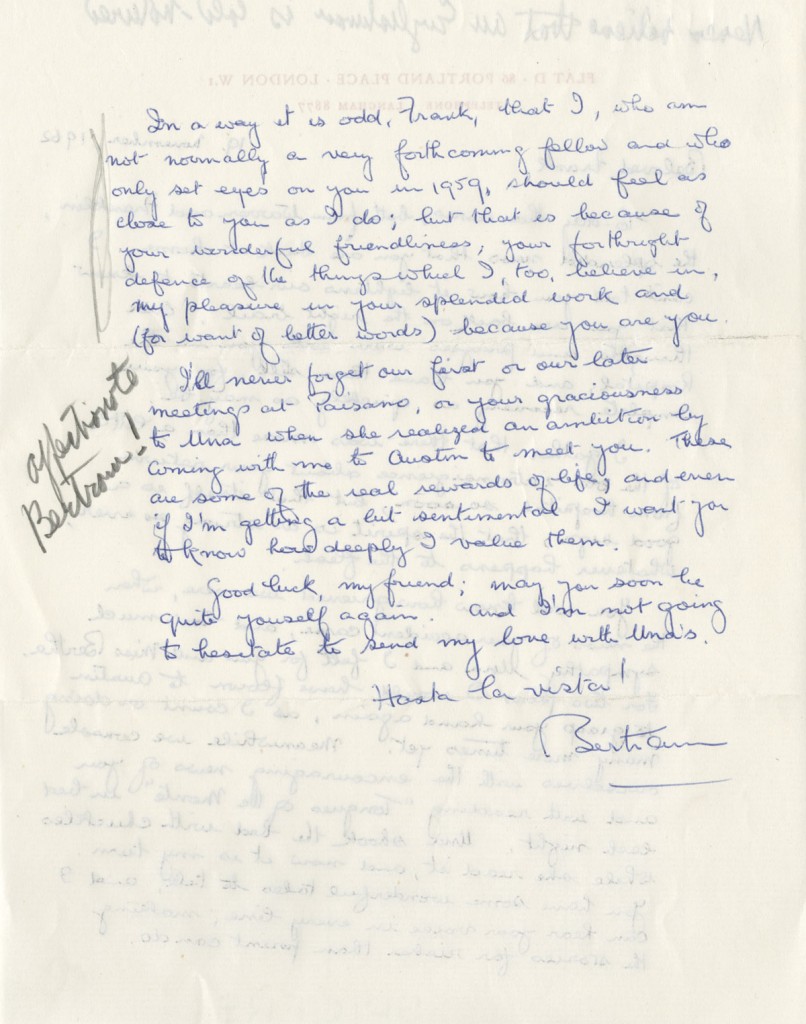 Bertram Rota, 1903-1966. Letter to J. Frank Dobie, November 19, 1962. Written by the famed English bookseller after Dobie was injured in an automobile accident. Dobie’s markup and comments seen on this item are fairly common practice on other letters in his archive. (p. 2)