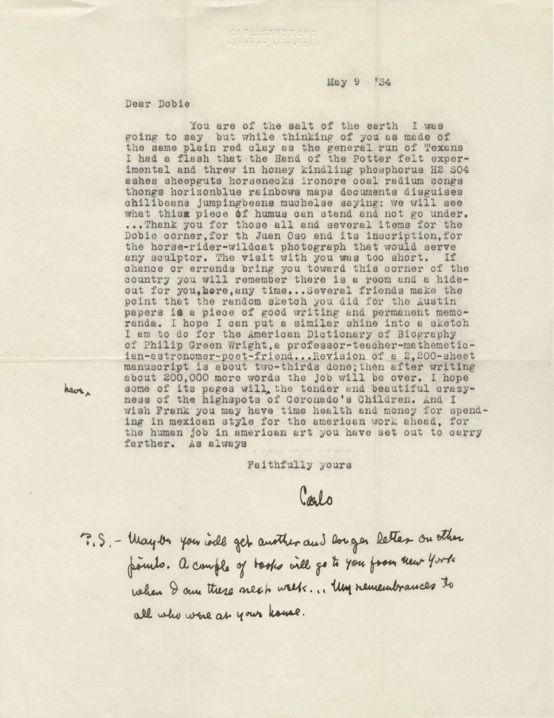 Carl Sandburg, 1878-1967. Letter to J. Frank Dobie, May 9, 1934. Distinguished American poet, writer, and long-time friend of Dobie. He visited Dobie at his home in Austin, which now houses the Michener Center for Writers.