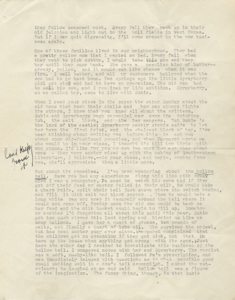 Mrs. Paul Simpson. Letter to J. Frank Dobie, February 14, 1941, with Dobie’s February 21, 1941 reply. Mrs. Simpson was the mother of one of Dobie’s students, she asked him to help her daughter get over her fear of cows. (p. 2)