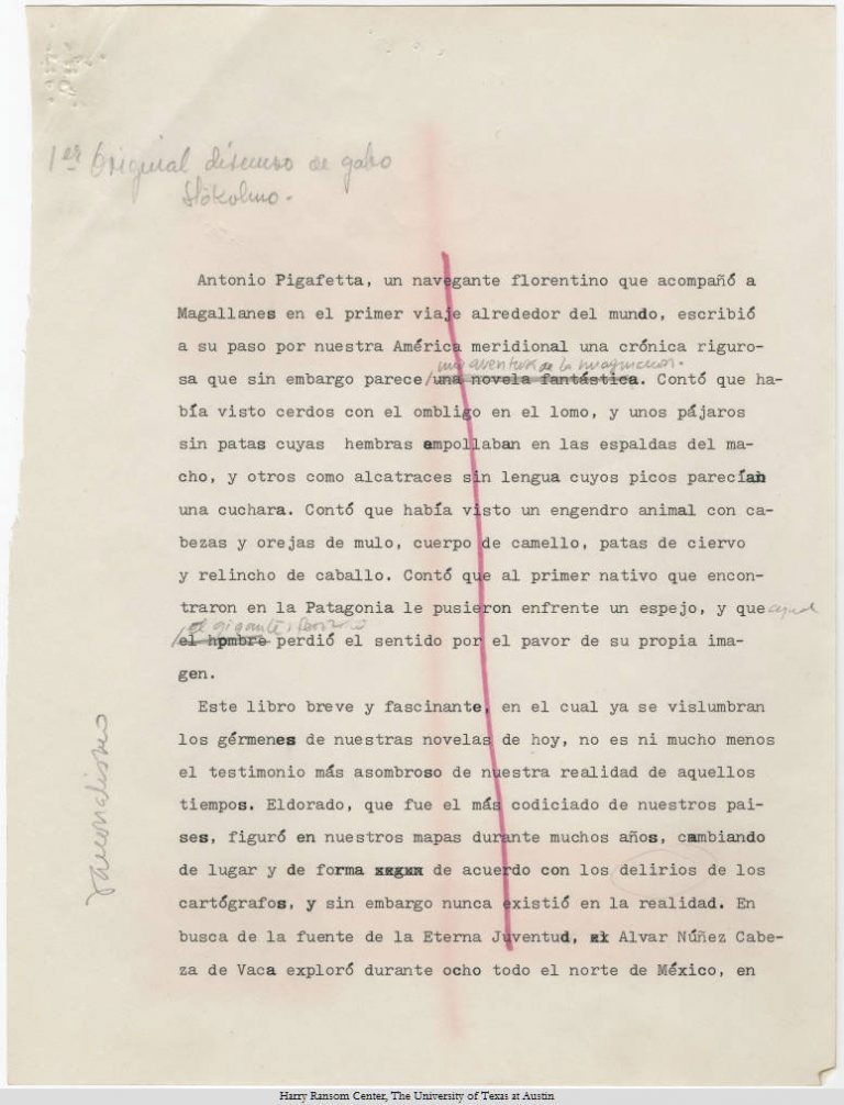 Gabriel García Márquez's text of Nobel Prize in Literature speech (1982).