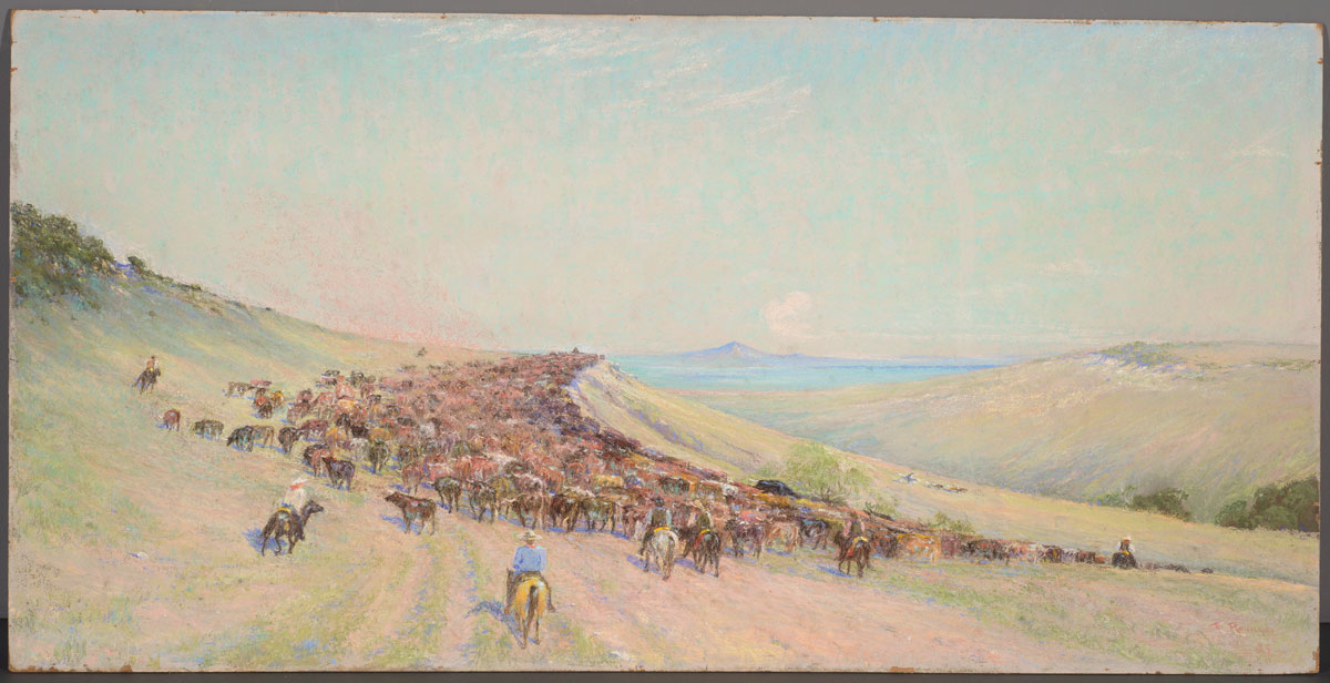 Frank Reaugh Driving the Herd, Number 1 from Twenty-four Hours with the Herd, 1933, pastel on board, 24 x 48 1/16 inches