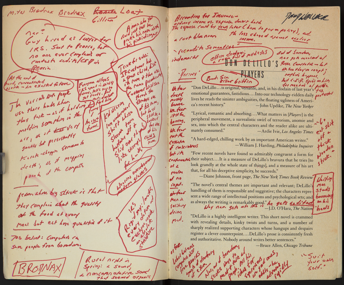 Inside cover of David Foster Wallace's annotated copy of Don DeLillo's Players. 