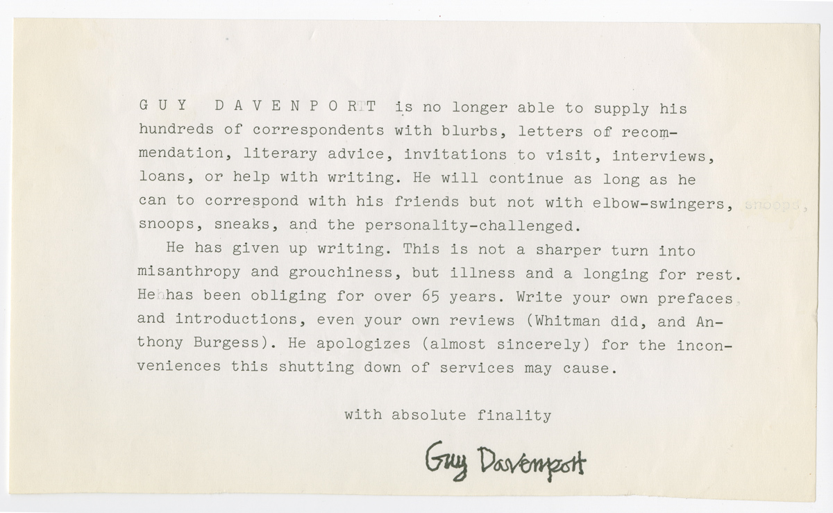 Form letter from Davenport to writers