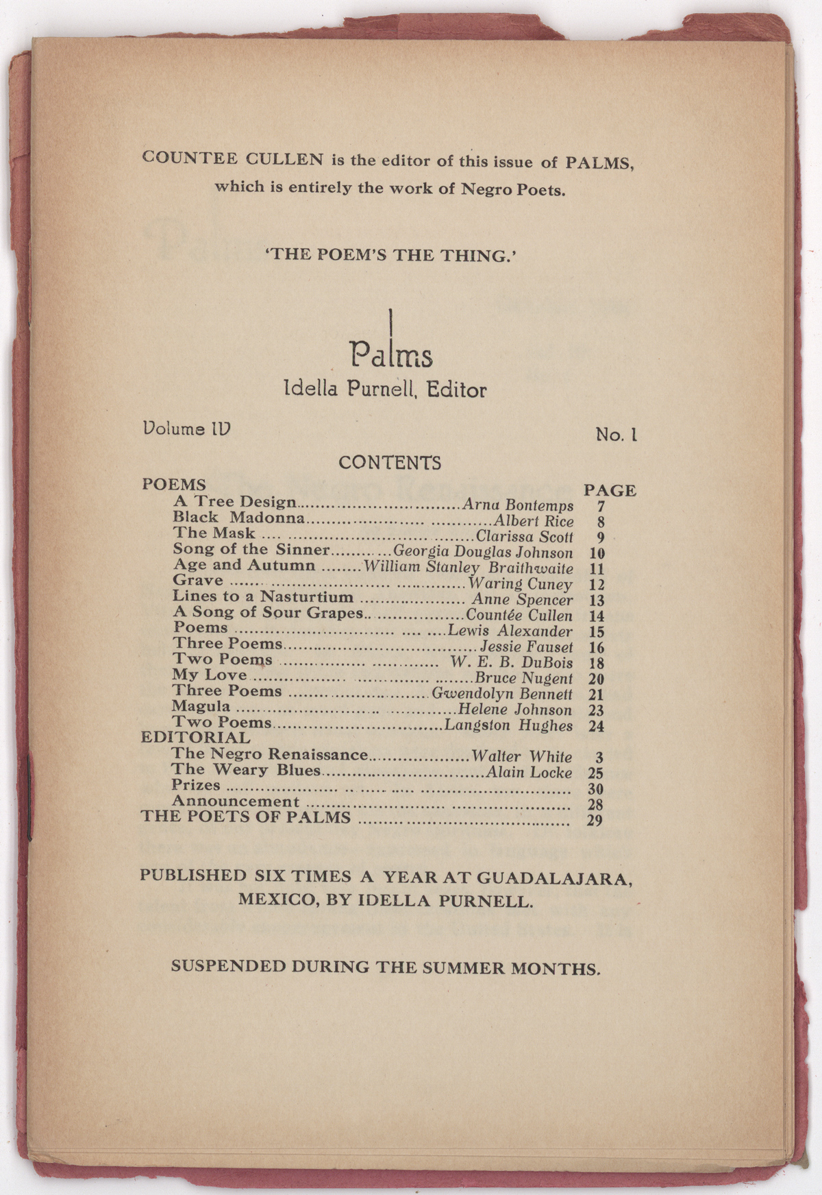 The title page of the special issue of Palms, noting Countée Cullen’s role as editor. 