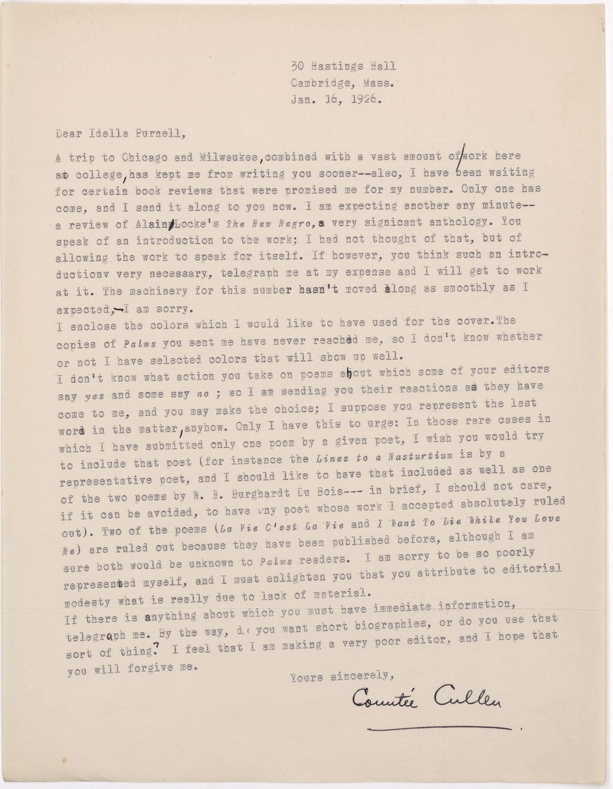 In this January 16, 1926 letter to Purnell, Cullen discusses his editorial work on Palms and expresses his wish that at least one poem from each of the poets he has recommended be included in the issue. Unfortunately, the colors he recommended for use on the cover are no longer enclosed in the letter. 