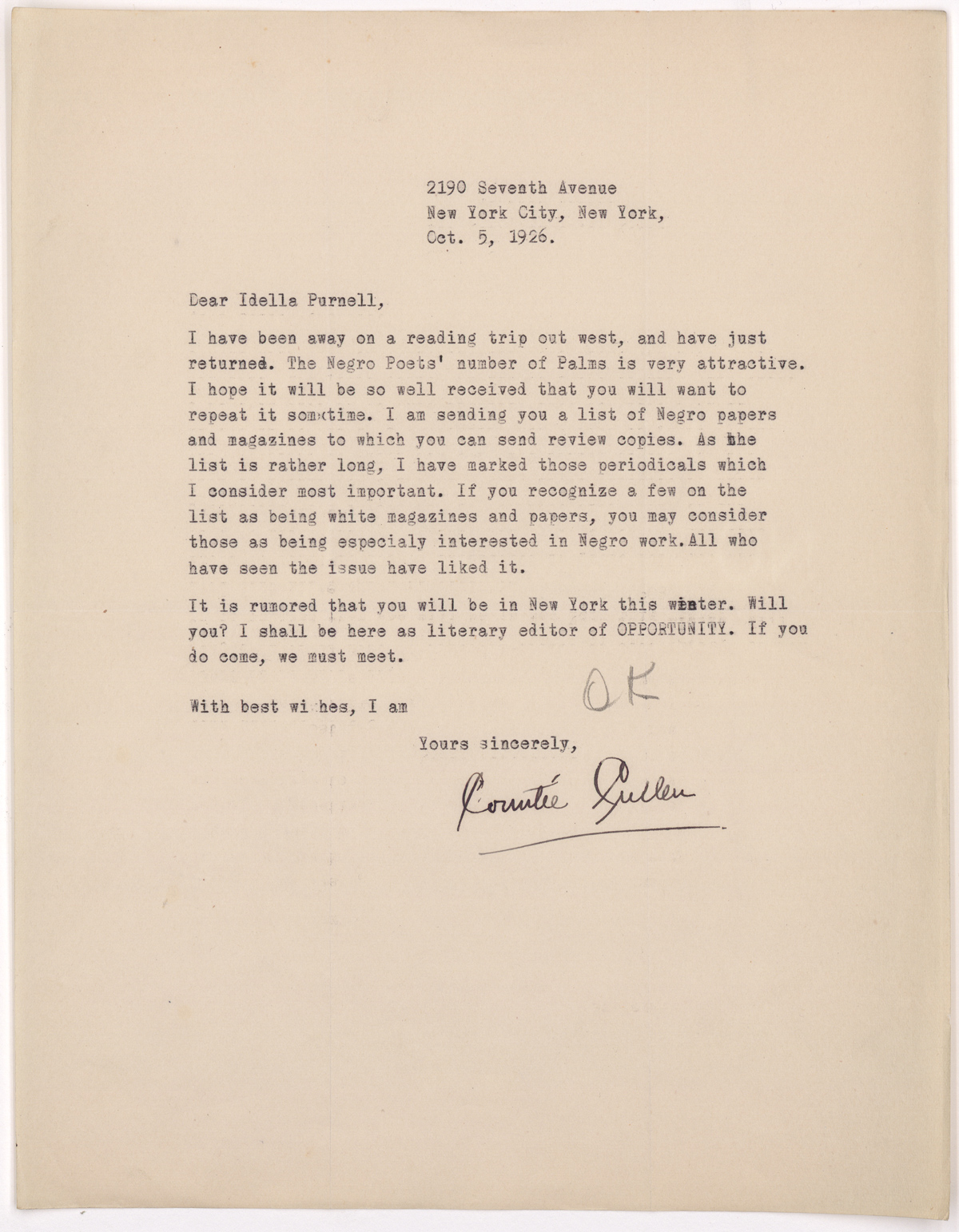 On October 5, 1926 Cullen wrote to Purnell, pleased with the appearance of the special issue of Palms and hoping that it might be repeated in the future. 