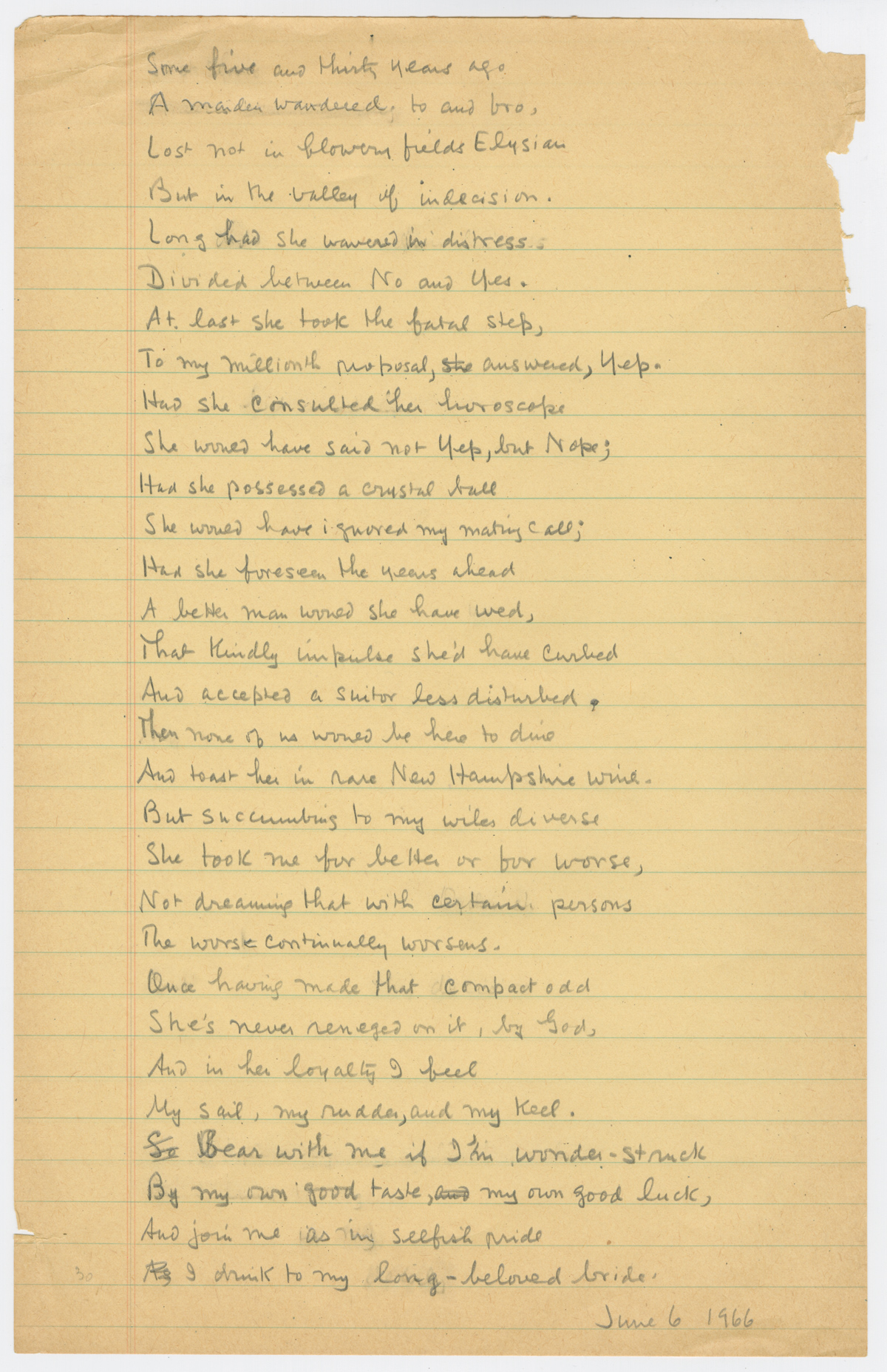 Manuscript of Ogden Nash’s untitled poem, noted by the author for their 35th Wedding Anniversary Dinner, June 6, 1966.
