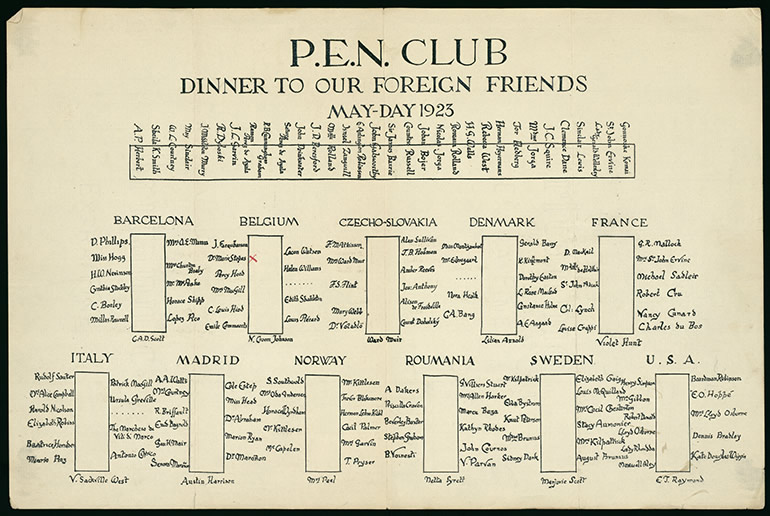 Seating chart for P.E.N. Club dinner for "Foreign Friends," held on May 1, 1923.
