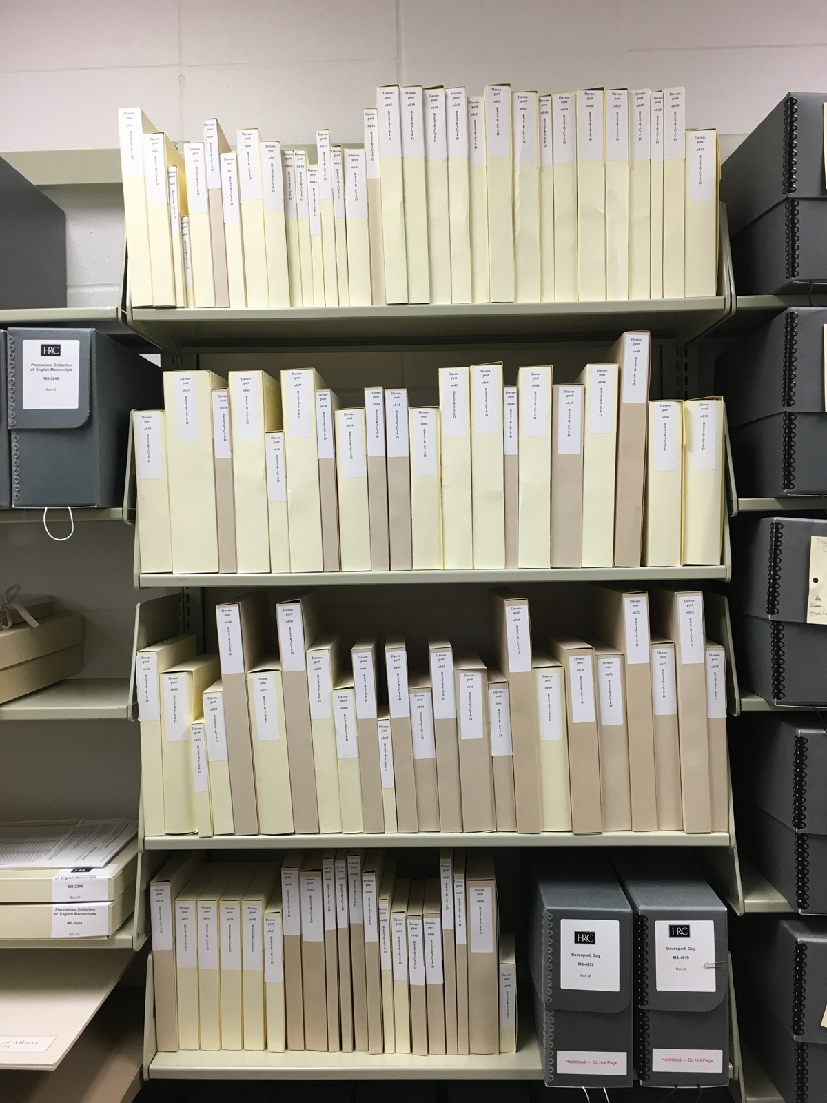 Guy Davenport's 95 journals housed in tux boxes. Photo by Alan Van Dyke.