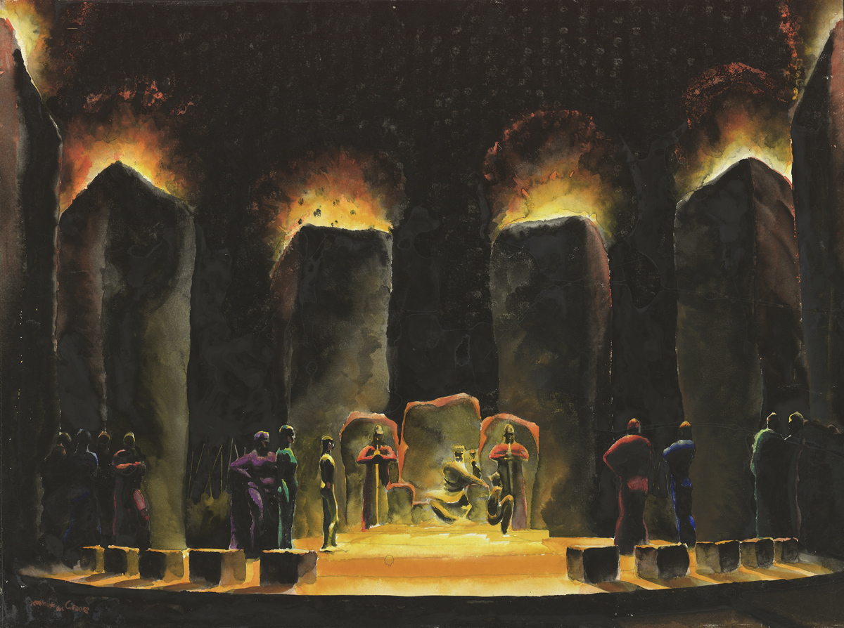 Norman Bel Geddes, A rendering of King Lear's throne, circa 1917, watercolor on paper, 14 7/8 x 20 1/16 inches.