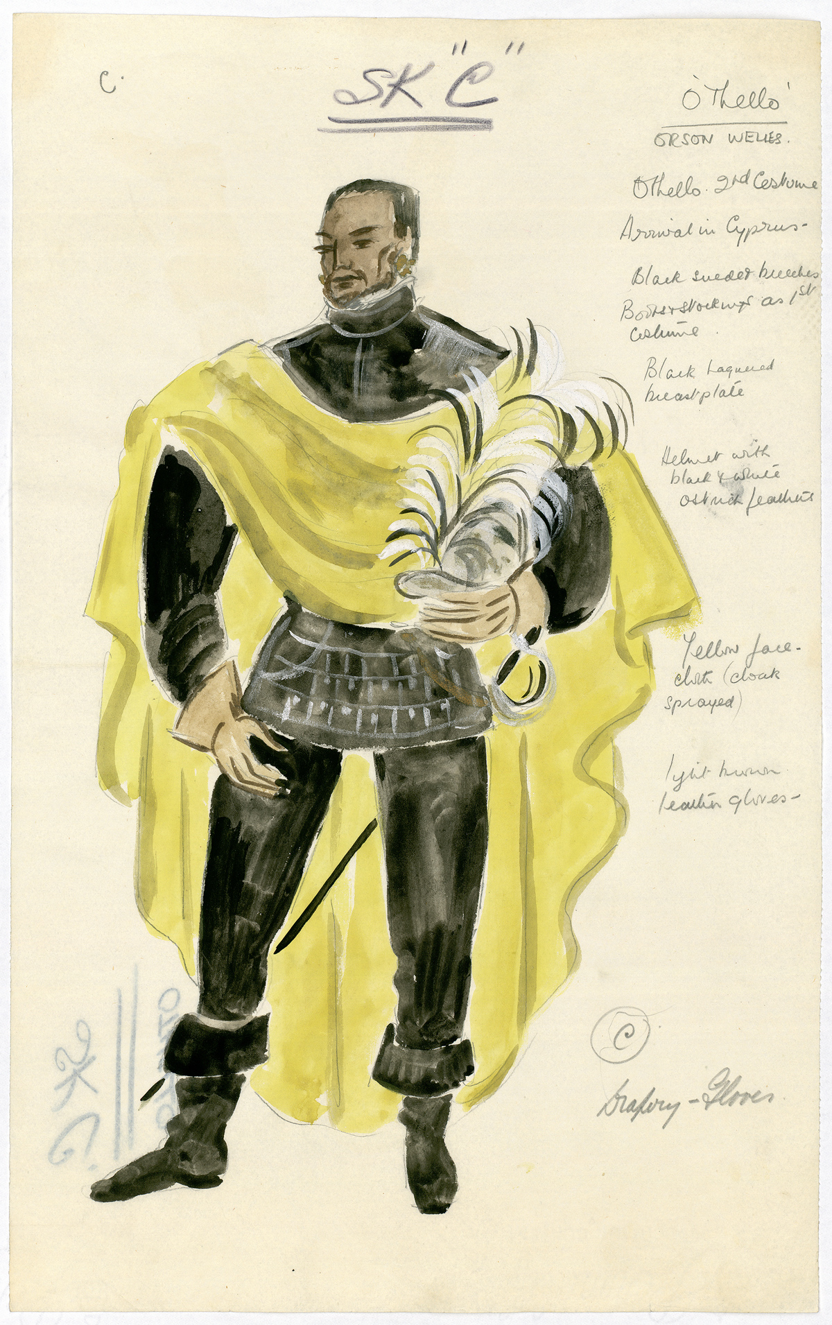 A costume design (after Motley) for Orson Welles in the role of Othello, circa 1951.