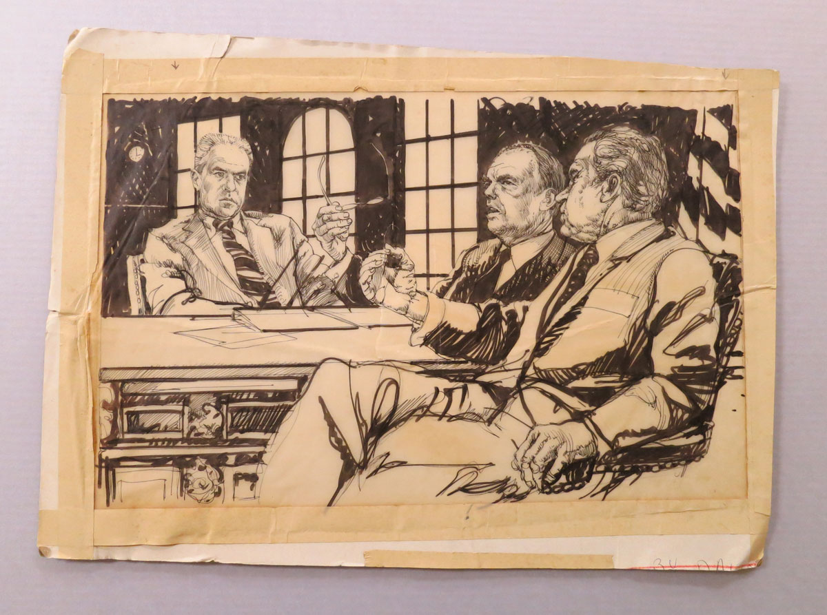 David Suter (b. 1950), Untitled [H. R. Haldeman, John Ehrlichman, and Richard Nixon], David Suter (1950— ). Undated. Ink on vellum; approx. 19 ¼ x 13 inches.