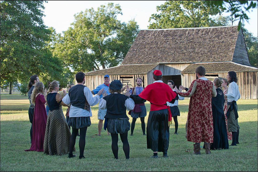 Shakespeare at Winedale students with Prof. Leohlin outside the barn theater during rehearsals for Duchess of Malfi, August 7, 2015. Photo Credit: Mark Metts