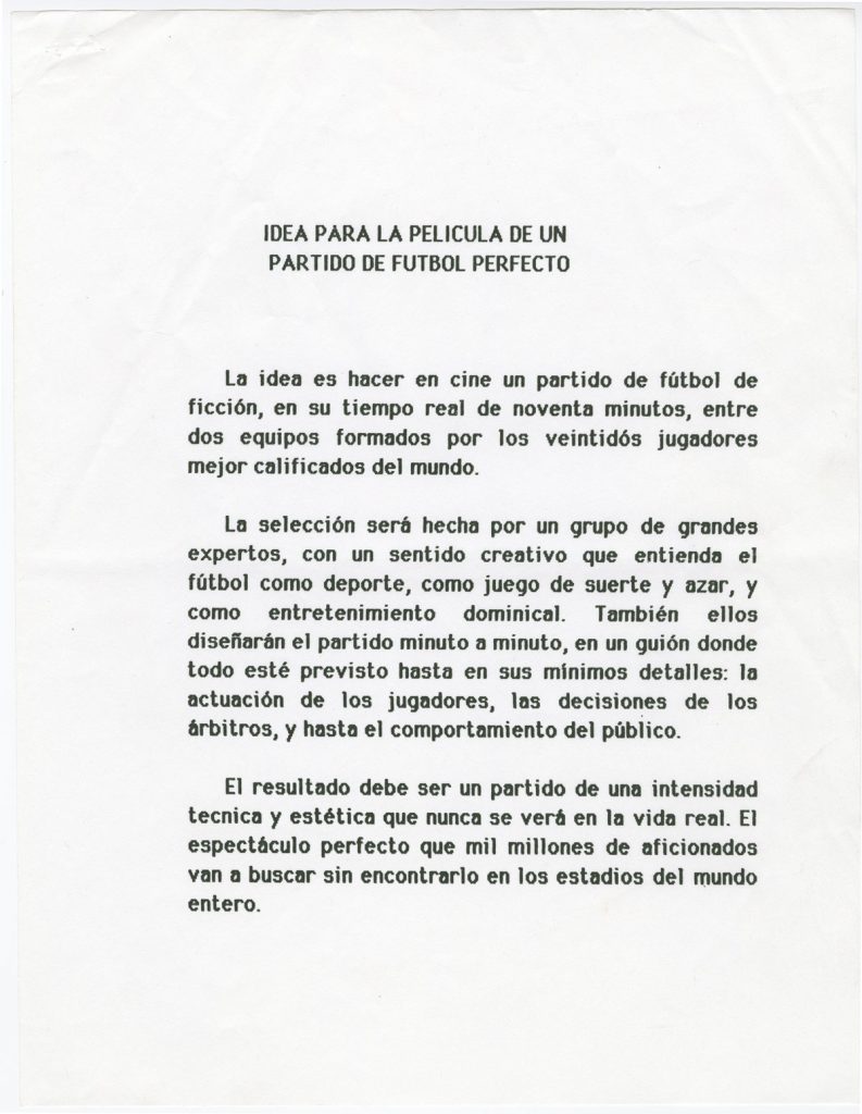 Gabriel García Márquez’s typed “Idea for a film about a perfect soccer match" (in Spanish).