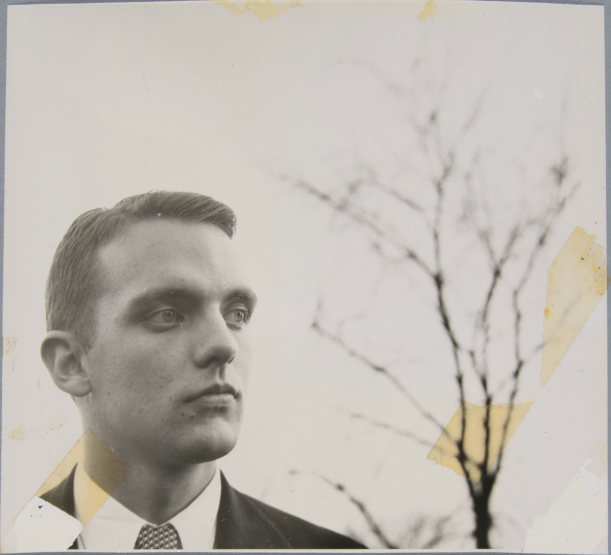 Before treatment - Front with tape residues, and back. Elliott Erwitt (American, b. France 1928), Lawrenceville, New Jersey [Frederick Buechner], 1949. Gelatin silver print, 11.6 x 12.7 cm. Alfred A. Knopf, Inc. Records, Harry Ransom Center. © Elliott Erwitt / Magnum Photos