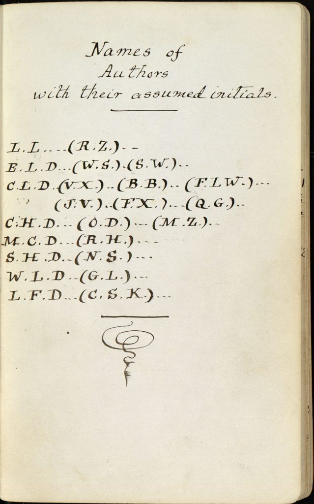 The magazine includes a key to the contributors with their “assumed initials,” a table of contents, and an index. Charles Lutwidge Dodgson, 1832-1898, "The Rectory Magazine," 1850, manuscript. Charles Lutwidge Dodgson Collection, Harry Ransom Center.