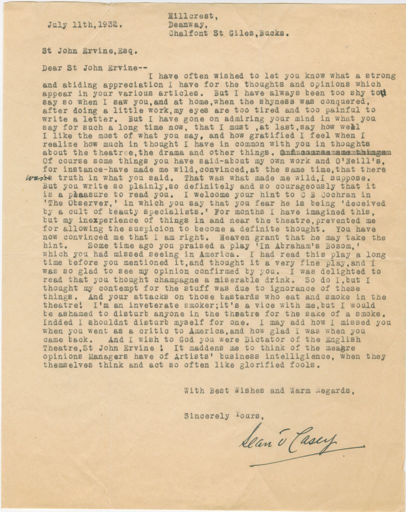 Letter from Sean O'Casey to St. John Ervine, July 11, 1932. 2