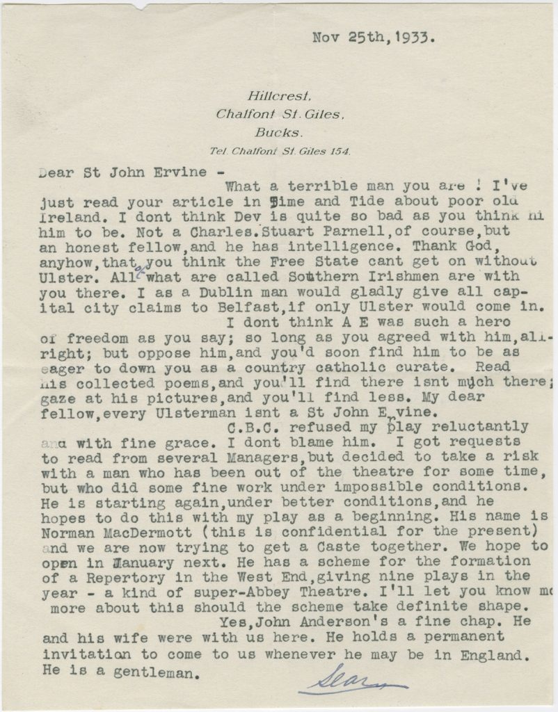 Letter from Sean O'Casey to St. John Ervine, November 25, 1933.