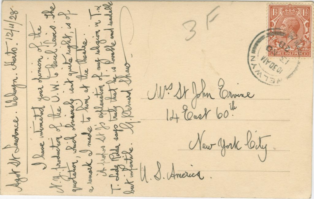 Postcard from George Bernard Shaw to St. John Ervine, December 11, 1928.