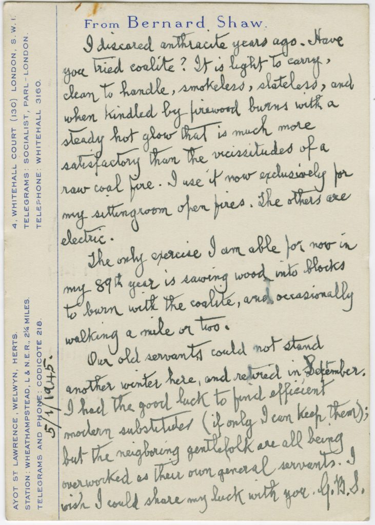 Letter from George Bernard Shaw to St. John Ervine, May 1, 1945.