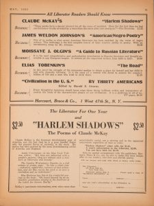 An advertisement for Claude McKay’s poetry collection Harlem Shadows and a special subscription offer for Harlem Shadows and a year of The Liberator, from The Liberator (May 1922).