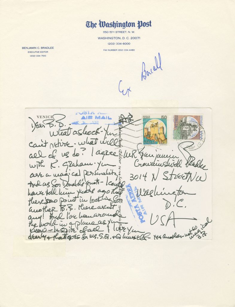 Correspondence with notable friends and acquaintances from the media, politics, and entertainment is found throughout the Bradlee papers. In 1991 Bradlee’s friend Lauren Bacall sent a postcard to congratulate him on his retirement (signed “B.B.” for “Betty Bacall”).