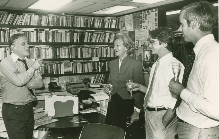 Ben Bradlee in his office at The Washington Post with Katharine Graham, Patrick Tyler, and Boisfeuillet Jones Jr., 1983.