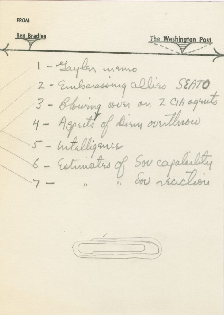 This 1971 note from a file containing documents related to the Post’s legal strategy in the Pentagon Papers case appears to be Bradlee’s short list of items from the “Griswold secret brief” and Gayler affidavit that the Nixon administration claimed would harm national security. The Post chose not to publish papers that mentioned the items on the list.