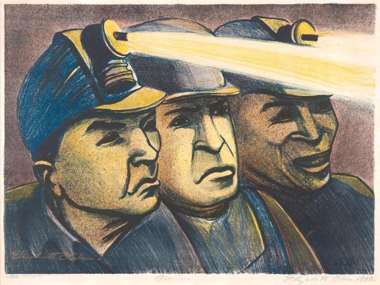 Elizabeth Olds (American, 1896–1991). Miners. WPA Proof, 1937. 34 x 46.5 cm. Silkscreen and lithography. Art collection, Gift of Dr. Emmett L. and Mary Hudspeth.